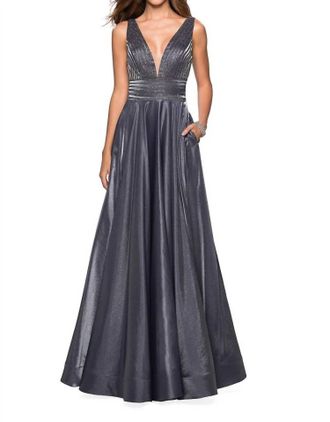 La Femme V-Neck 2-Tone Satin With Rhinestone Gown In Platinum