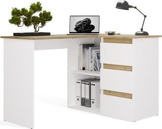 Topeshop Nicea - Escritorio De Esquina Con Almacenaje - 3 Cajones + 2 Estantes - 120x48,5x75 Cm - Escritorio Para Ordenador - Roble Artisan / Blanco