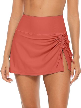 Charmleaks Womens High Waist Swim Skirt Split Drawstring Bikini Bottom Tankini Swimsuit Bottoms Orange Red XL