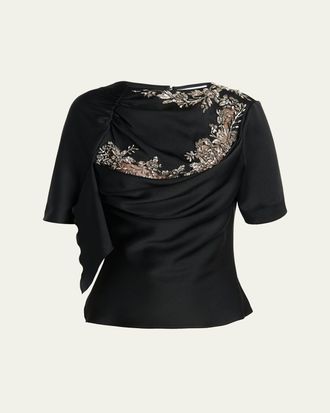 Alexander McQueen Embroidered Lace Draped Silk Top
