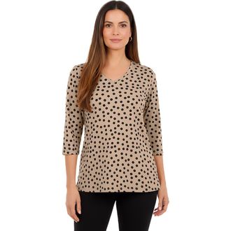 Jessica London Stretch Cotton V-Neck Tee in New Khaki Black Dot at Nordstrom, Size 24