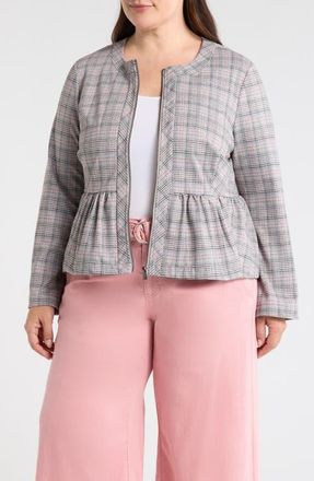 Liverpool L.A. Plaid Peplum Zip Jacket in Gry/Blush Plaid at Nordstrom, Size 1 X