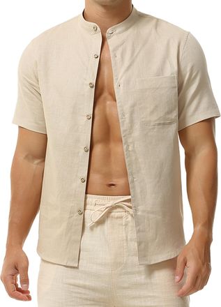 Hoerev Mens Short Sleeve Linen Cotton Blend Shirt, Mandarin Collar,Beige,L