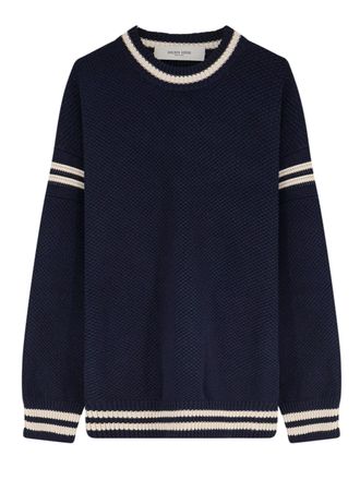Golden Goose Navy Distressed Logo Textured Striped Sweater