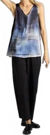 Avant Toi Hand Painted Stretch Silk V Neck Tank Top In Midnight Murales