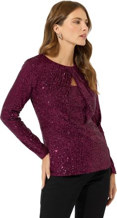M&Co Womens Sequin Twist Neck Keyhole Detail Top - Womens Red