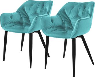 ML Design Ml-design - Set 2x Sillas De Comedor Con Respaldo Y Reposabrazos Asiento Ergon&oacute;mico Acolchado Tapizado De Terciopelo Azul Petr&oacute;leo, Patas De Metal Sil