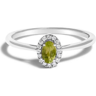 House of Brilliance 10K White Gold Oval and Diamond Accent Halo Birthstone Ring in Green Peridot at Nordstrom, Size 6.5