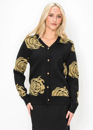 YAL New York Gold Rose Knit Cardigan in Black