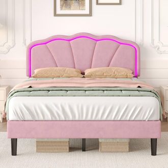 Merax 4ft6 Double Scalloped Velvet Upholstered Bed Frame with Smart LED in Pink
