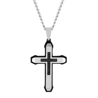 Robert Alton 15 CTW Rounded-Edge Stainless Steel Cross Pendant with Black Diamonds