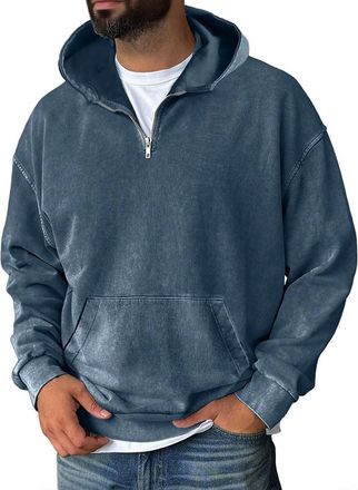 Generic Hoodie Mens Zip Up Hoodies Blank Distressed Acid Washed Vintage Sweatshirts with Pockets Travel Fashion Sweatshirt(01-navy,X-Large)