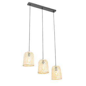 QAZQA Oriental L&aacute;mpara Colgante Oriental Negra Con Bamb&uacute; 3 Luces - Rayan Bamb&uacute; /acero Alargada Adecuado Para Led Max. 3 X 25 Watt - Qazqa
