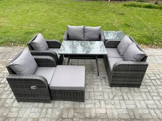 Fimous Wicker PE Rattan Garden Dining Set Outdoor Furniture Sofa with Rectangular Dining Table Big Footstool Side Table in Dark Grey