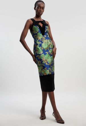 Karen Millen Womens Velvet And Jacquard Contrast Strappy Tailored Midi Dress - Blue - Size 16 UK