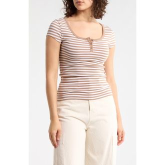 Abound Short Sleeve Henley T-Shirt in White- Brown F Alix Stripe at Nordstrom Rack, Size X-Large