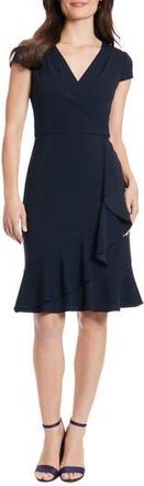 London Times Cap Sleeve Ruffle Faux Wrap Dress in Navy at Nordstrom Rack, Size 10