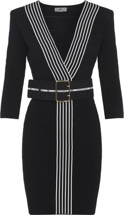 Elisabetta Franchi Black Knitted Dress With Belt-Donna