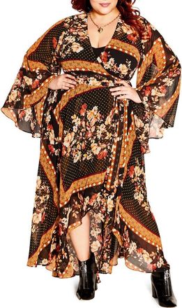 City Chic Falling Floral Long Sleeve Wrap Maxi Dress at Nordstrom, Size Xs