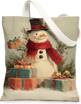 Generic Winter Snow Man Canvas Tote Bag, Festive Holiday Design Reusable Grocery Bags, Lightweight Washable Shoulder Strap Canvas B, White, 13x15 Inch