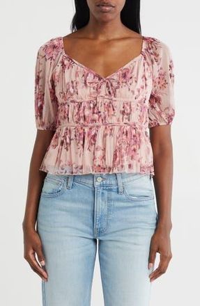 Lucky Brand Print Smocked Mesh Top in Pink Floral at Nordstrom Rack, Size Medium
