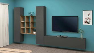 Dmora Pared Equipada Dcarbon, Conjunto De Sal&oacute;n Mueble Tv Con 3 Puertas, Mueble De Sal&oacute;n Polivalente, 100% Made In Italy, Cm 270x30h180, Antracita Y Arce - 