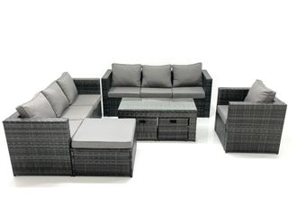 Fimous Outdoor Garden Furniture Set 10 Seater Rattan Sofa Set with Coffee Table 3 Big Footstools Armchair Dark Grey Mixed