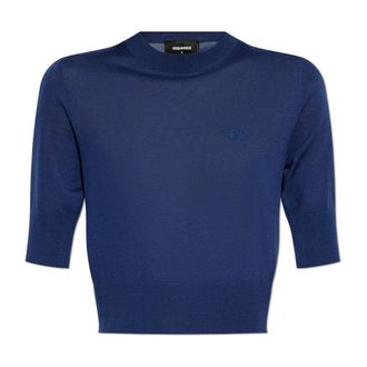 Dsquared2 Wollen Top met Geborduurd Logo - Dames - Ronde hals truien - Blauw - 2XS - Wol - Truien & Vesten