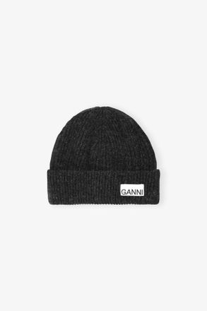 Ganni Mixed Dark Grey Fitted Wool Rib Knit Beanie