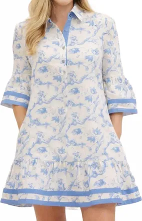 Entro Surrey Toile Print Mini Dress With Contrast Trim In Blue & White