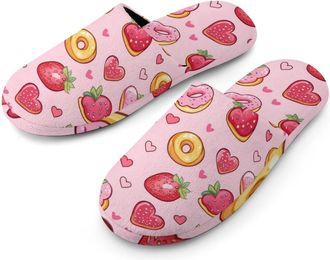 Generic Doughnuts And Strawberries Flannel Mens Slip-on Slippers Winter Warm House Shoes with Rubber Sole for Home Hotel
