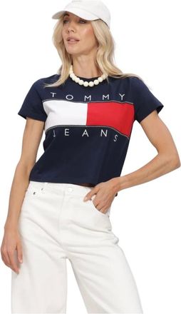 Tommy Jeans Tops, Dames, Blauw, M, Katoen, TJW Reg Flag SS Tee Ext
