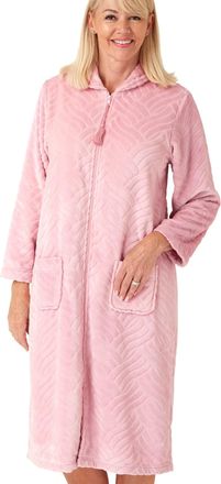 Marlon Womens Serena Zip Front Embossed Fleece Housecoat, Dusky Pink, 16-18