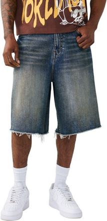 True Religion Mikey Frayed Baggy Denim Shorts in Chainlink Distress Dark Wash at Nordstrom, Size 32