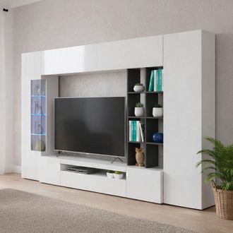 Dmora Dmora - Pared Equipada Dlazzar, Conjunto De Sal&oacute;n Con Soporte Tv, Mueble Sal&oacute;n Polivalente Con Luz Led, 100% Made In Italy, Cm 290x40h192, Blanco Bril