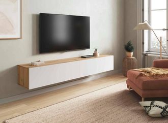 Dmora Mueble Tv Dmussi, Mueble Tv Con 2 Puertas, Mueble De Sal&oacute;n Suspendido, 180x35h28 Cm, Node Roble Y Blanco Brillo - Dmora