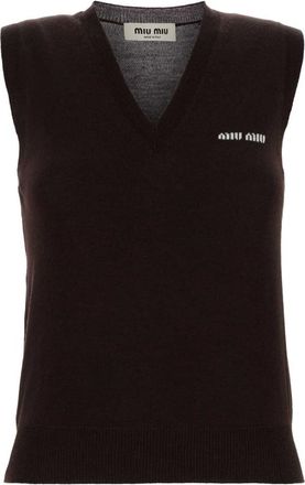 Miu Miu Brown Logo V Neck Sweater