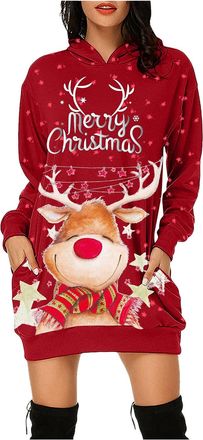 Generic Sweatshirt Dresses for Women Christmas Dresses for Women Long Sleeve Ladies Christmas Dress Winter Dresses with Pocket Merry Christmas Elk Reindeer Gr
