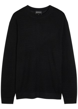 Emporio Armani Logo-weave Fine-knit Wool Jumper - Black - XL