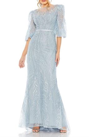 Mac Duggal Embroidered Beaded Boat Neck Gown with Illusion Puff Sleeves in Ice Blue at Nordstrom, Size 16