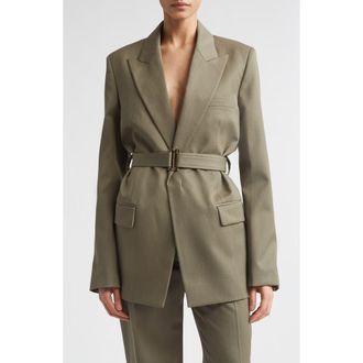 Victoria Beckham Tailored Belted Wool Blend Twill Jacket in Sage Melange at Nordstrom, Size 10 Us