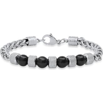 HMY Jewelry Stainless Steel Agate Bead Wheat Chain Bracelet in Metallic /Black at Nordstrom Rack