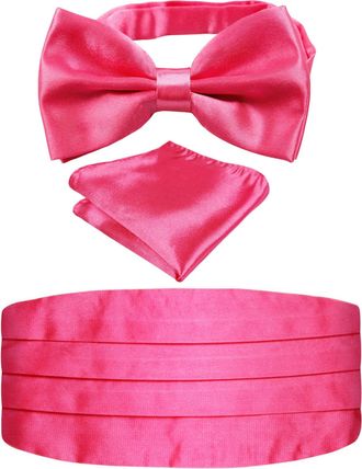 Alizeal Mens Solid Pre-tied Party Adjustable Bow Tie, Cummerbund and Pocket Square Gift Set, Hot Pink