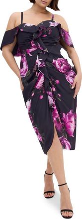 City Chic Gina Print Off the Shoulder Midi Dress in Multi Bloom at Nordstrom, Size Xxs