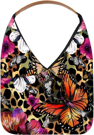 Generic Butterflies Flowers on Leopard Spots Reusable Lightweight Grocery Bags - Foldable Into Compact Pouch, Washable & Sturdy, Multipurpose for Shopping and