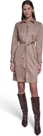 Halston Heritage Long Sleeve Suede Shirt Dress in Spiced Almond at Nordstrom, Size 12