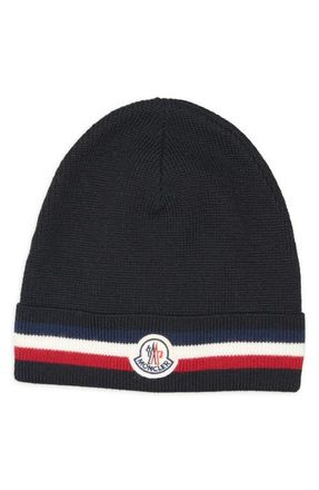 Moncler Tricolor Stripe Ribbed Wool Beanie in Black at Nordstrom