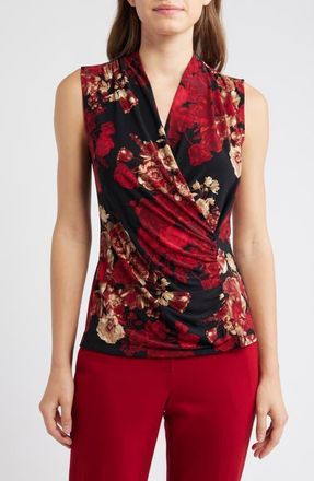 Anne Klein Floral Print Ruched Sleeveless Top in Anne Black Multi at Nordstrom, Size Large