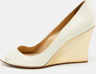 Jimmy Choo London Off White Patent Leather Peep Toe Wedge Pumps