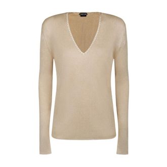 Tom Ford V-neck Knitwear, female, Beige, Size: M Light Beige V Neck Sweater